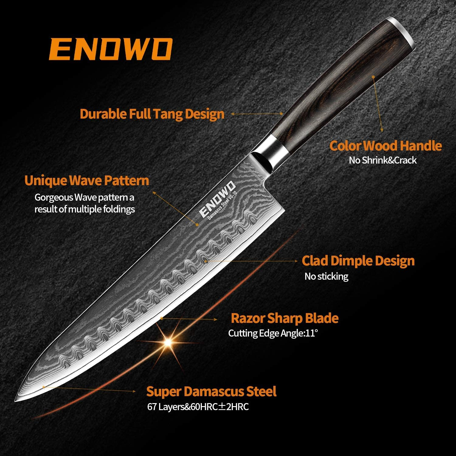 Enowo Damascus Chef Knife 8 Inch with Clad Dimple,Razor Sharp Kitchen Carving Sushi Knife Made of Japanese VG-10 Stainless Steel,Gift Box,Ergonomic, Superb Edge Retention, Stain & Corrosion Resistant