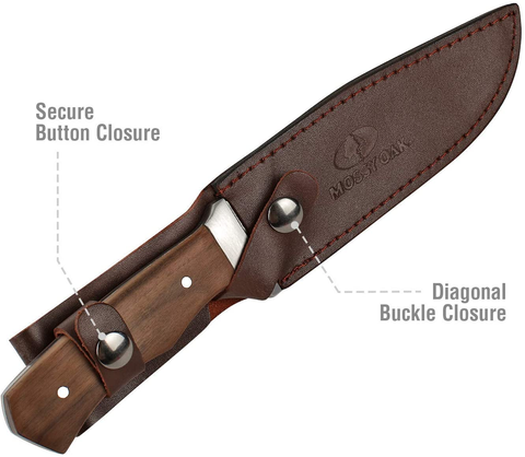 Image of MOSSY OAK 11-Inch Full-Tang Fixed Blade Knife with Leather Sheath, Clip Point Blade and Wood Handle, for Outdoor Survival, Camping