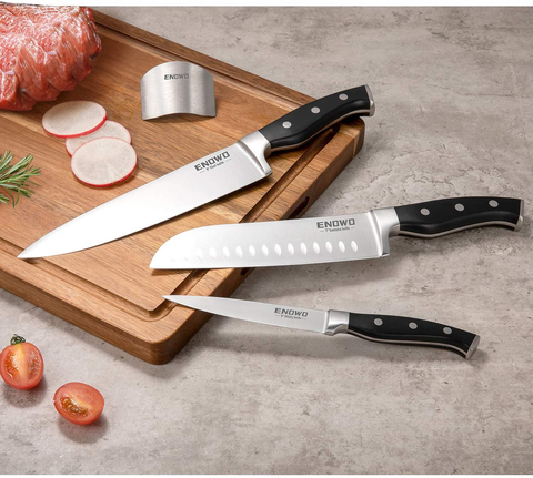 Image of Enowo Chef Knife Ultra Sharp Kitchen Knife Set 3 Pcs,Premium German Stainless Steel Knife with Finger Guard Clad Dimple,Ergonomic Handle and Gift Box