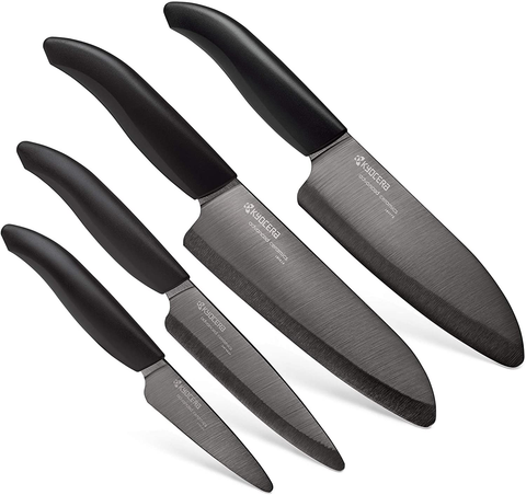 Image of Kyocera Revolution Ceramic Knife Set, Sizes: 6", 5.5", 4.5", 3", Black Handle W/Black Blades