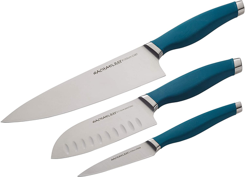 Image of Rachael Ray Cutlery Japanese Stainless Steel Knives Set with Sheaths, 8-Inch Chef Knife, 5-Inch Santoku Knife, and 3.5-Inch Paring Knife, Teal