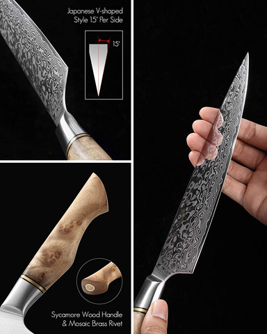 Image of HEZHEN 7PCS Kitchen Knives Set Professional Forging Damascus High Carbon Steel Chef Knife Santoku Bread Knife Utility Knife Fruit Knife 3Cr14 Multifunctional Kitchen Scissors 6Slot Black Walnut Block