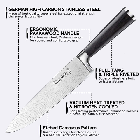 Image of MICHELANGELO Professional Chef Knife 8 Inch Pro, German High Carbon Stainless Steel Knife with Ergonomic Handle, Japanese Knife, Chef Knife for Kitchen - 8 Inch, Etched Damascus Pattern