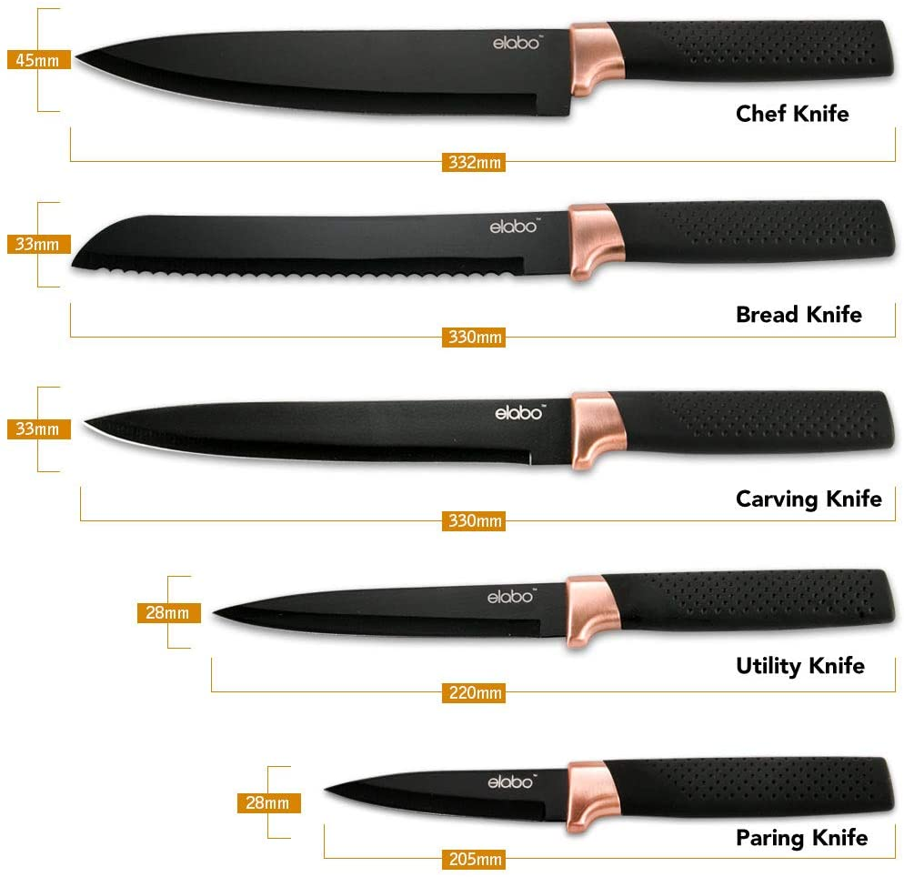 Elabo 5 Piece Black Kitchen Knife Set with Stand - Stainless Steel Non-Stick Coating Knives, Rose Gold Handle