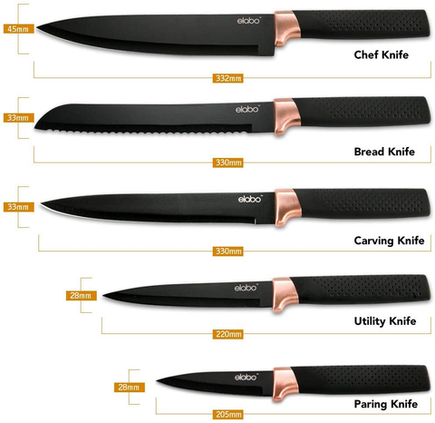 Image of Elabo 5 Piece Black Kitchen Knife Set with Stand - Stainless Steel Non-Stick Coating Knives, Rose Gold Handle