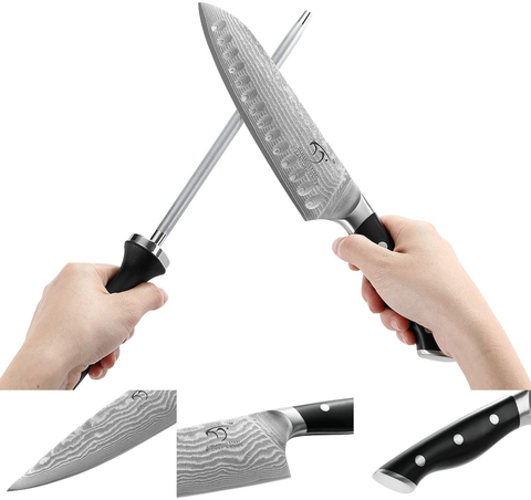 Image of Kitchen Damascus Knife Set, 9-Piece Kitchen Knife Set with Block, ABS Ergonomic Handle for Chef Knife Set, Knife Sharpener and Kitchen Shears, Beechwood Block