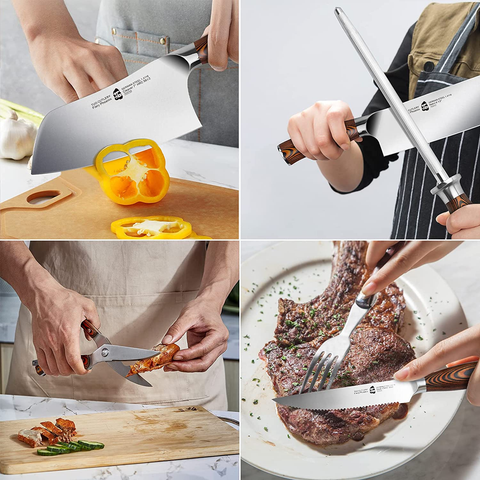 Image of TUO 17 PCS Kitchen Knives Set - Kitchen Block Set with Steak Knife - German X50Crmov15 Steel Blade - Full Tang Pakkawood Handle - Gift Box Included - Fiery Series