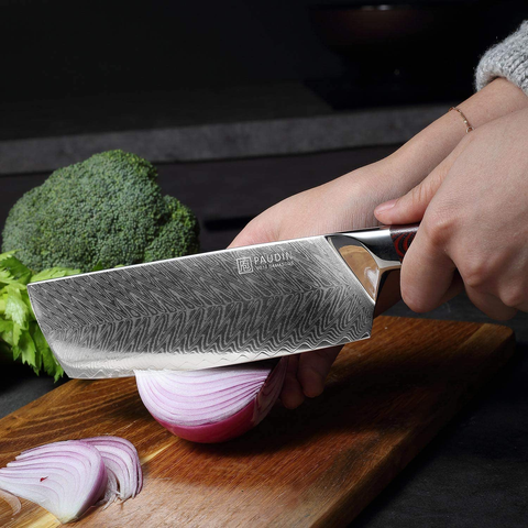 Image of PAUDIN Damascus Nakiri Knife - 7 Inch Ultra Sharp VG10 Vegetable Knife, Beautiful Plume Pattern Kitchen Knife with Ergonomic G10 Handle, Superb Edge Retention
