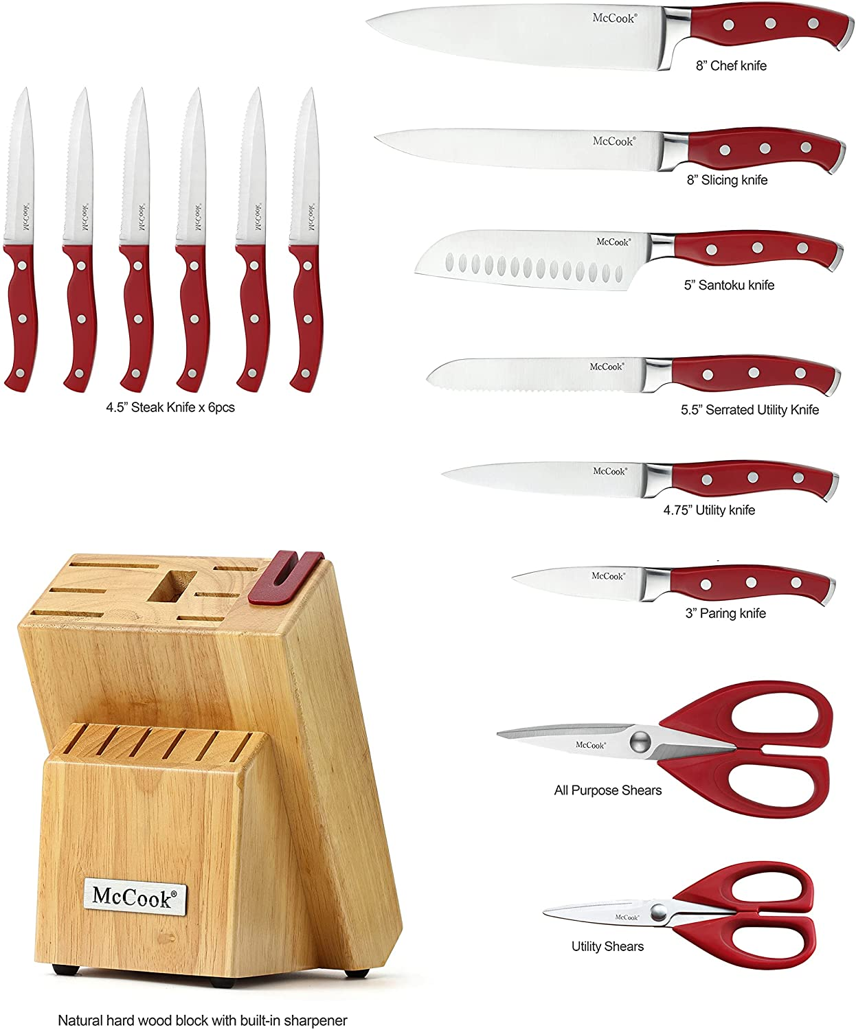 Mccook MC24 15 Pieces Stainless Steel Kitchen Knife Sets with Wooden Block, Kitchen Scissors and Built-In Sharpener, Red