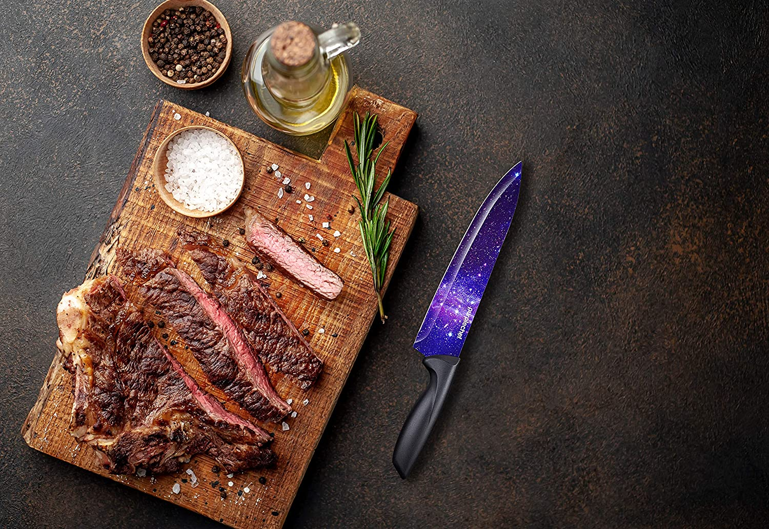 Purplechef 10 Pieces Purple Galaxy Kitchen Knives Set. Includes 6 Stainless Steel Knives, Scissors, Knife Sharpener, Peeler, and Clear Acrylic Stand.