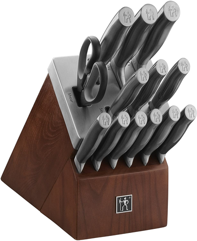 Image of HENCKELS Graphite 14-Pc Self-Sharpening Knife Set with Block, Chef Knife, Paring Knife, Utility Knife, Bread Knife, Steak Knife, Brown, Stainless Steel