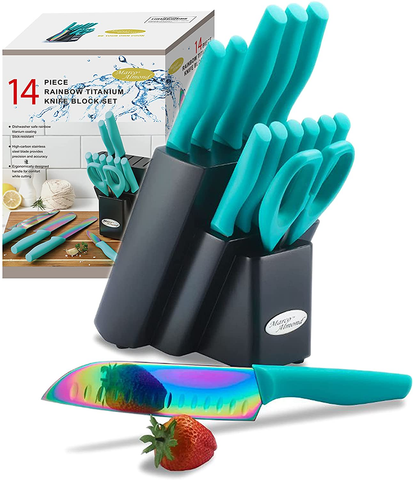 Image of DISHWASHER SAFE KYA27 Rainbow Titanium Cutlery Knife Set, Marco Almond 14-Piece Kitchen Knives Block Sets, Teal