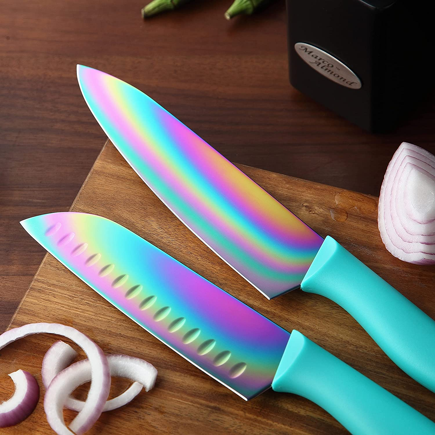 DISHWASHER SAFE KYA27 Rainbow Titanium Cutlery Knife Set, Marco Almond 14-Piece Kitchen Knives Block Sets, Teal