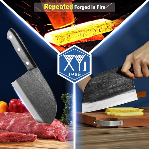 Image of Authentic XYJ since 1986,Outstanding Ancient Forging,6.7 Inch Full Tang,Serbian Chefs Knife,Chef Meat Cleaver,Kitchen Knives,Set with Leather Sheath,Take Carrying,Butcher,For Camping or Outdoor