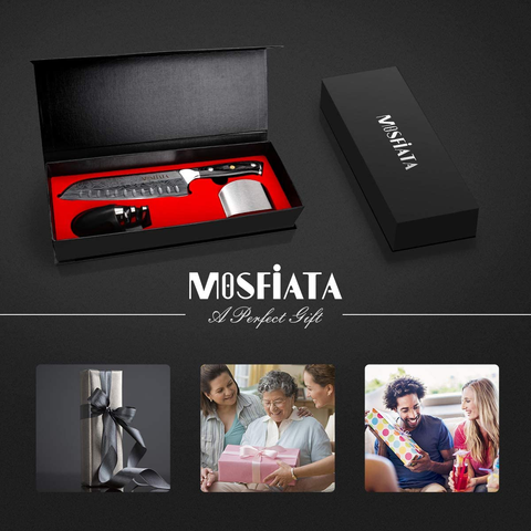 Image of Mosfiata 7" Santoku Knife Chef Cutting Knife for Cooking with Finger Guard and Knife Sharpener, German High Carbon Stainless Steel EN.4116 Kitchen Chopping Knife with Micarta Handle and Gift Box