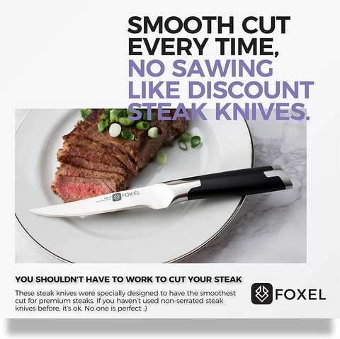 Image of Foxel Best Steak Knives Knife Set of 4, 8, or 12 - Non Serrated Straight Edge Blade Razor Sharp - Rust Resistant Japanese VG10 Steel - Gift Box Set - Hand Wash Only