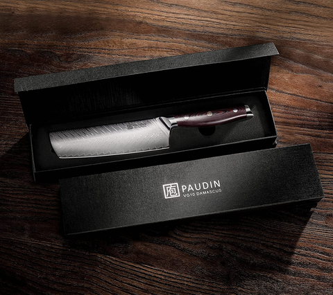 Image of PAUDIN Damascus Nakiri Knife - 7 Inch Ultra Sharp VG10 Vegetable Knife, Beautiful Plume Pattern Kitchen Knife with Ergonomic G10 Handle, Superb Edge Retention