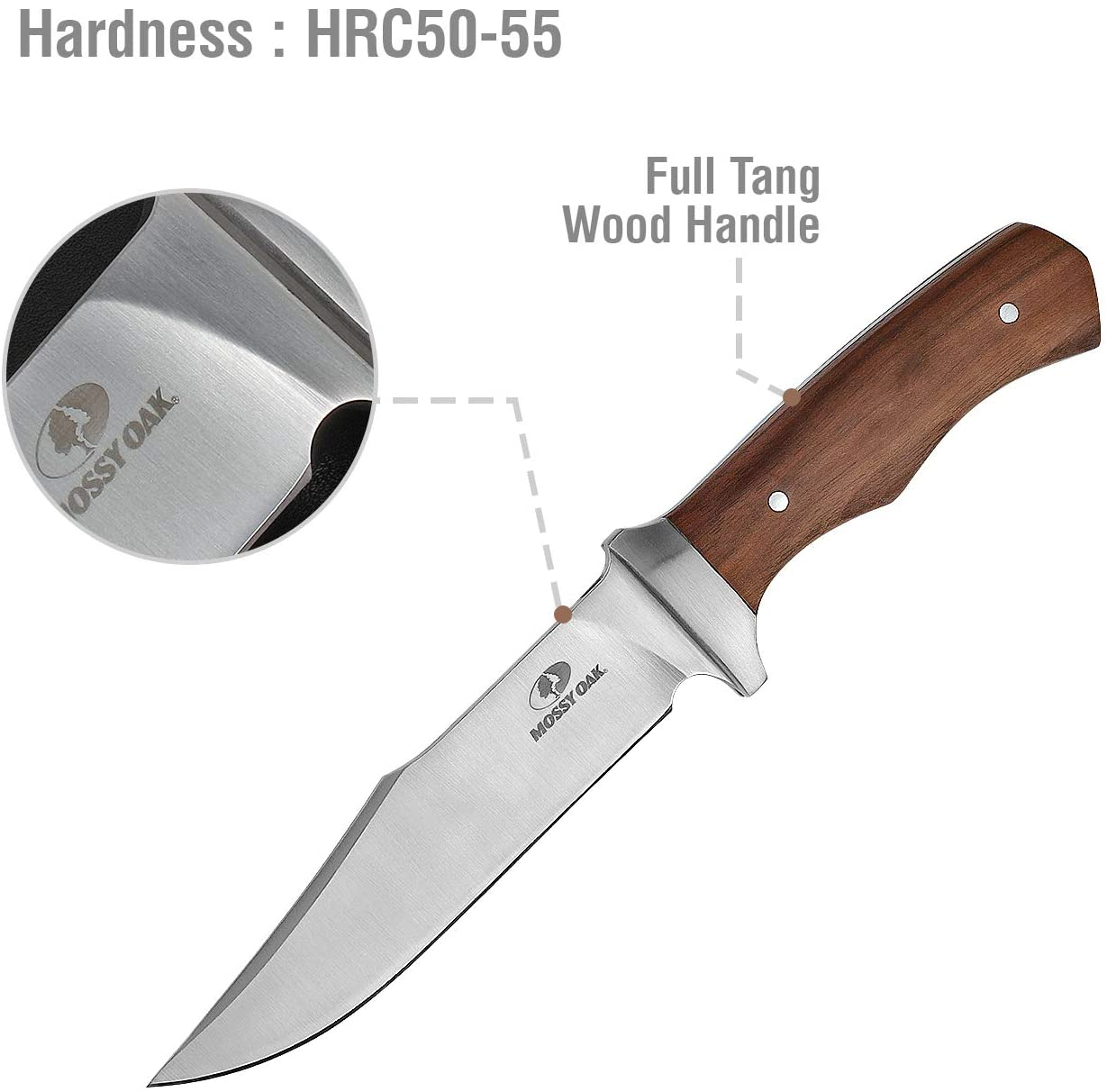 MOSSY OAK 11-Inch Full-Tang Fixed Blade Knife with Leather Sheath, Clip Point Blade and Wood Handle, for Outdoor Survival, Camping