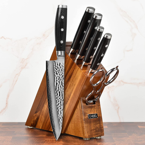Image of Enso Knife Set - Made in Japan - HD Series - VG10 Hammered Damascus Japanese Stainless Steel with Slim Acacia Knife Block - 7 Piece