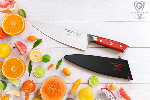 Image of DALSTRONG Chef Knife - 8 Inch - Shogun Series - Damascus - Japanese AUS-10V Super Steel Kitchen Knife - Red Handle - Razor Sharp Knife - W/Sheath