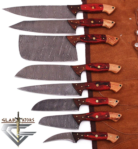 Image of G29RD- Professional Kitchen Knives Custom Made Damascus Steel 8 Pcs of Professional Utility Chef Kitchen Knife Set with Chopper/Cleaver with Pocket Case Chef Knife Roll Bag by Gladiatorsguild (Red)