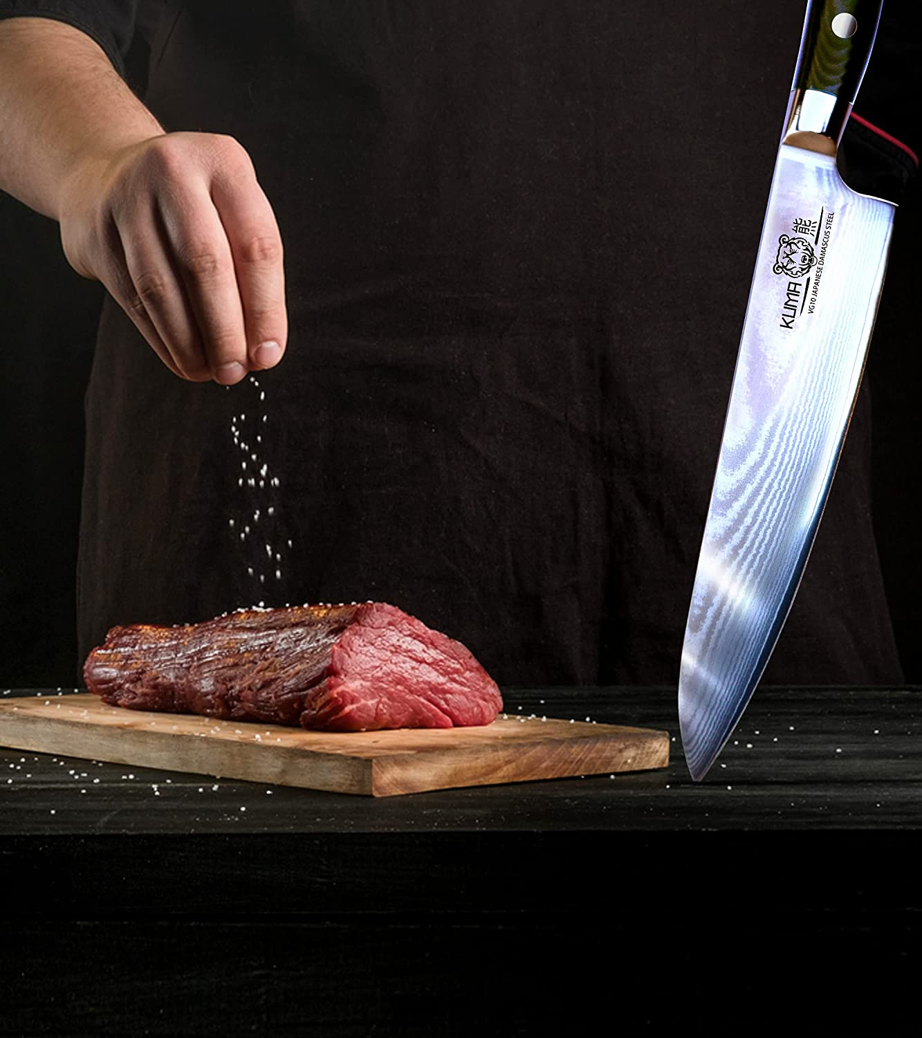 KUMA Professional Damascus Knife - 8 Inch Japanese Chef Knife, AUS10 Core - Corrosion and Stain Resistant - G10 Handle & Sheath Made of Hardened Carbon Steel