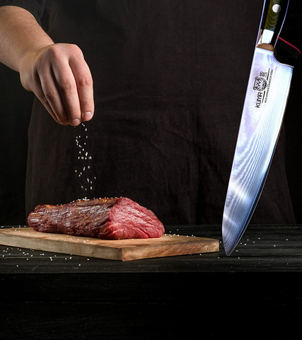 Image of KUMA Professional Damascus Knife - 8 Inch Japanese Chef Knife, AUS10 Core - Corrosion and Stain Resistant - G10 Handle & Sheath Made of Hardened Carbon Steel