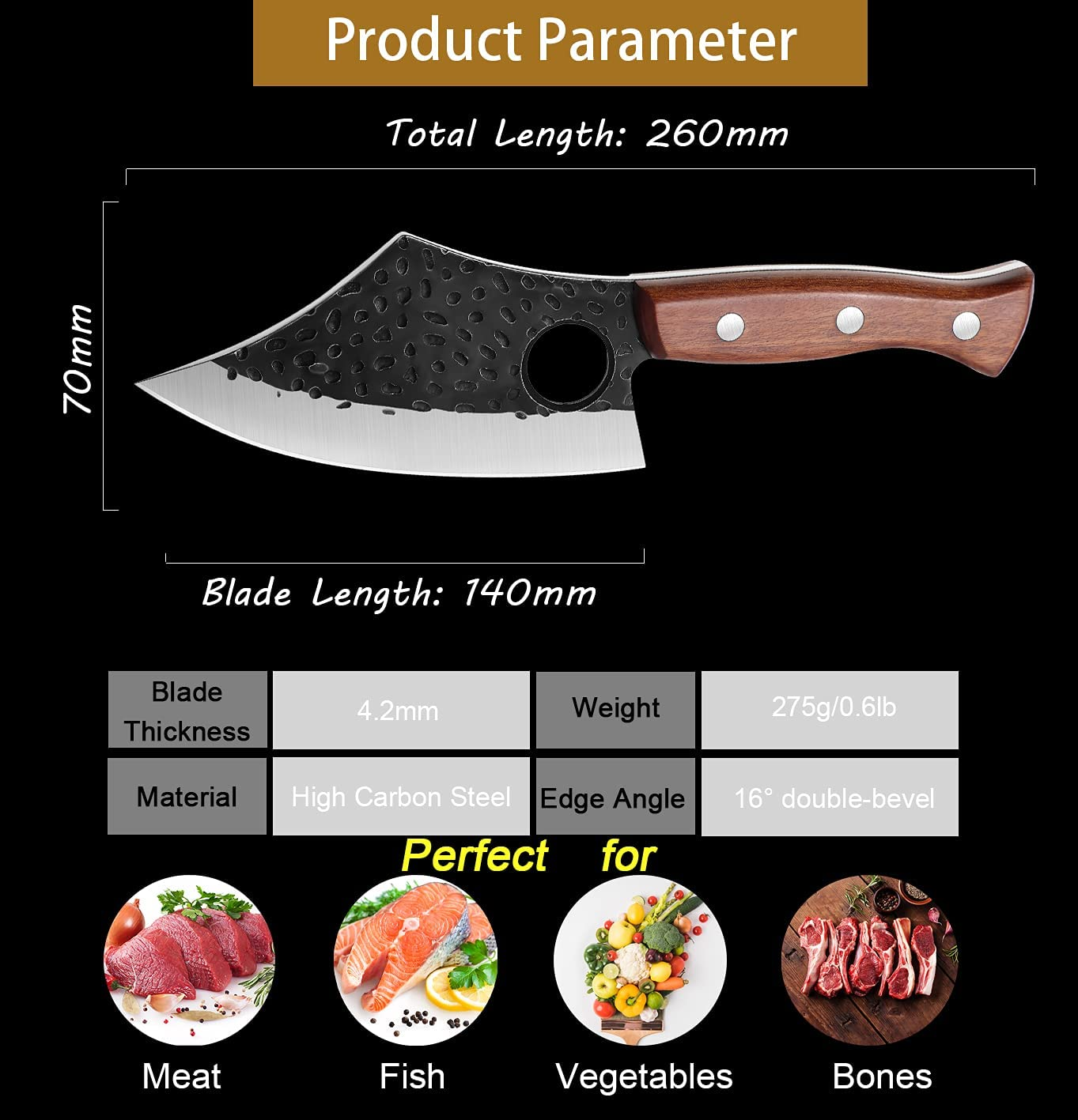 Purple Dragon Meat Cleaver Boning Knife Hand Forged Butcher Chef Knife Fillet Knife High Carbon Steel Full Tang with Leather Sheath Outdoor Knife for Kitchen Camping BBQ