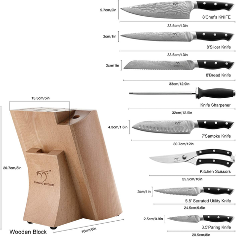 Image of Kitchen Damascus Knife Set, 9-Piece Kitchen Knife Set with Block, ABS Ergonomic Handle for Chef Knife Set, Knife Sharpener and Kitchen Shears, Beechwood Block