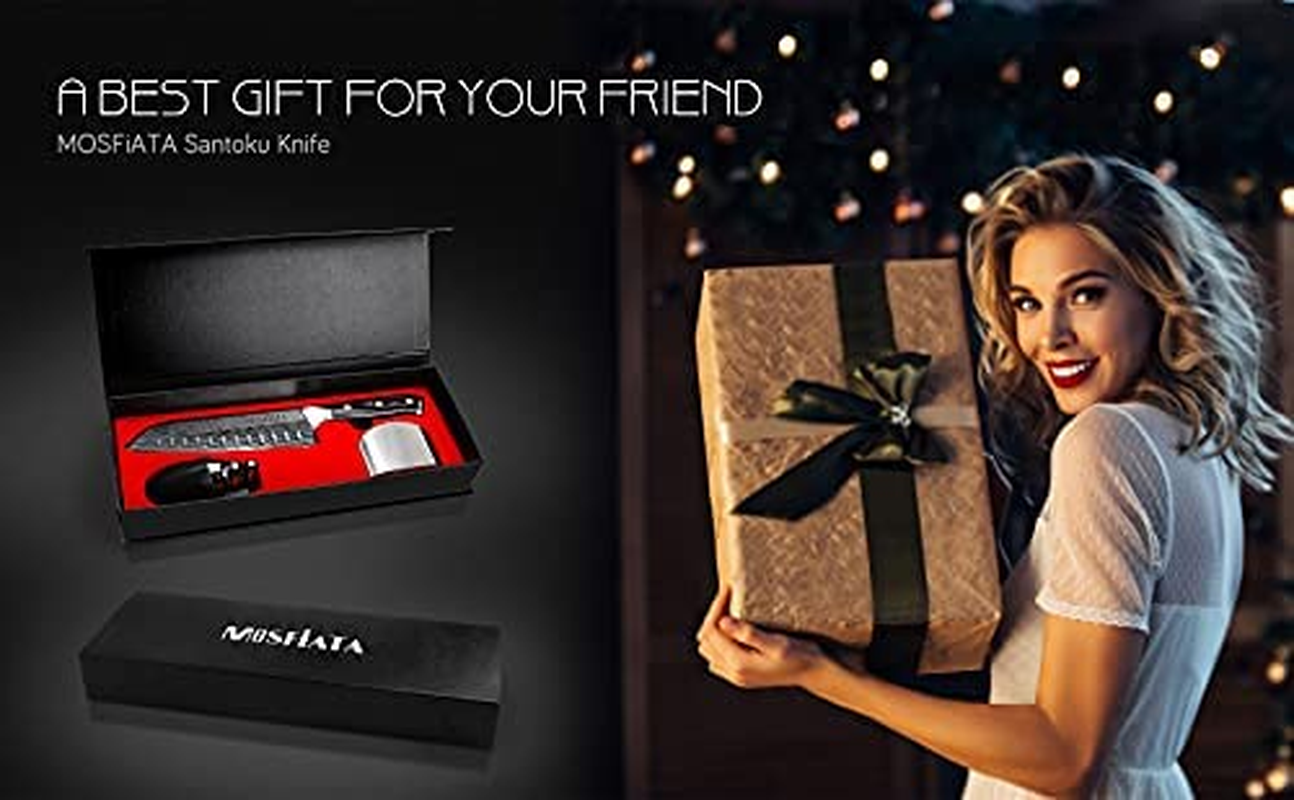 Mosfiata 7" Santoku Knife Chef Cutting Knife for Cooking with Finger Guard and Knife Sharpener, German High Carbon Stainless Steel EN.4116 Kitchen Chopping Knife with Micarta Handle and Gift Box