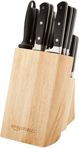 Image of Amazon Basics 18-Piece Premium Kitchen Knife Block Set, High-Carbon Stainless Steel Blades with Pine Wood Knife Block