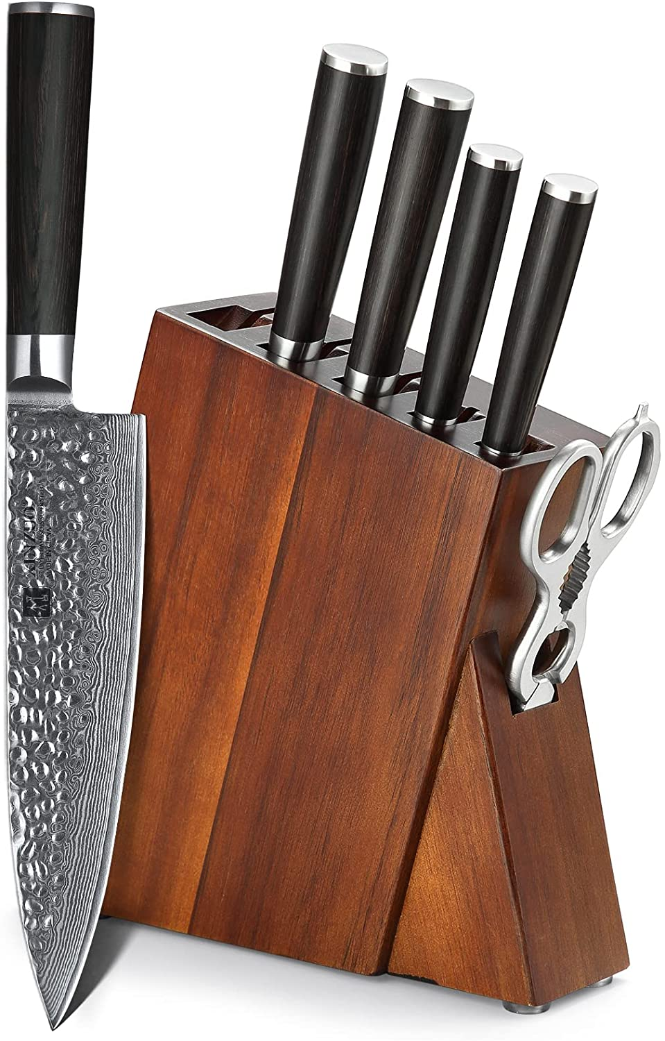 XINZUO 7PC Damascus Steel Kitchen Knife Set with Acacia Wood Block,Multifunctional Kitchen Scissors,Professional Sharp Chef Knife Forged Vegetable Knife with Pakkawood Handle- He Series