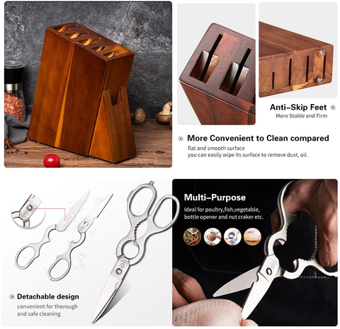 Image of Damascus Kitchen Knife Set with Block Wooden and Sharpener Stone- Yarenh Professional Chef Knife Set 8 Piece - Japanese High Carbon Stainless Steel - Galbergia Wood Handle - Gift Box Packaging