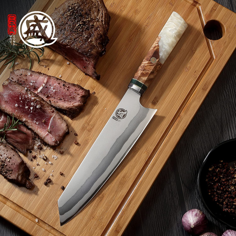 Image of MITSUMOTO SAKARI 8 Inch Japanese Kiritsuke Chef Knife, Hand Forged 67 Layers 440C Damascus Steel Kitchen Knives, Professional Meat Sushi Chef'S Knife (White Pomegranate Handle & Gift Box)