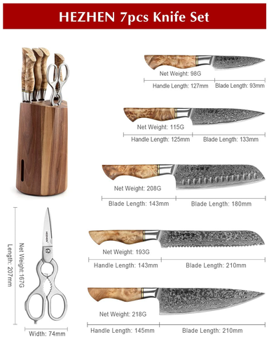Image of HEZHEN 7PCS Kitchen Knives Set Professional Forging Damascus High Carbon Steel Chef Knife Santoku Bread Knife Utility Knife Fruit Knife 3Cr14 Multifunctional Kitchen Scissors 6Slot Black Walnut Block