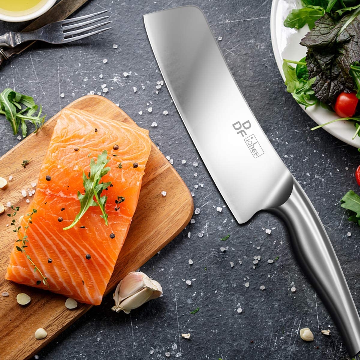 DDF Iohef Nakiri Kitchen Knife, Chef'S Knife in Stainless Steel Professional Cooking Knife, Antiseptic Non-Slip Ultra Sharp Knife with Ergonomic Handle Ideal for Kitchen & Restaurant