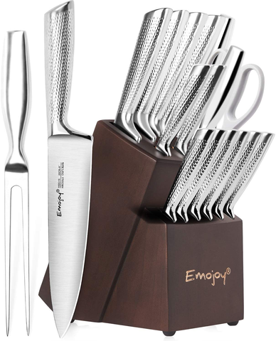 Image of Knife Set, Emojoy 16-Piece Kitchen Knife Set with Block Wooden Carving Fork, Ripple German Stainless Steel Knife Block Set, Hollow Handle for Chef Knife Set with Sharpener and Scissors