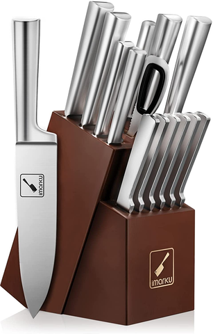 Image of Kitchen Knife Set - Imarku 15 Pieces German Stainless Steel Kitchen Knife Block Set with Sharpener - Dishwasher Safe Kitchen Knives - Ultra Sharp Chef Knife Set for Kitchen with Block - Silver