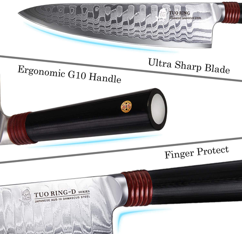 Image of TUO Damascus Kitchen Knife Set 3 Piece, 8" Chef Knife, 6.5" Nakiri Knife and 3.5" Paring Knife, Japanese AUS-10 High Carbon Stainless Steel, Full Tang G10 Handle - Gift Box - Ring-D Series