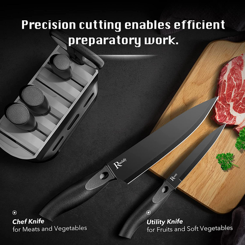 Image of Randalfy Kitchen Knife Set with Block, 7 Pieces Chef Knife Set with Knives, Scissor, Block for Meat/Vegetables/Fruits Chopping, Slicing, Dicing&Cutting
