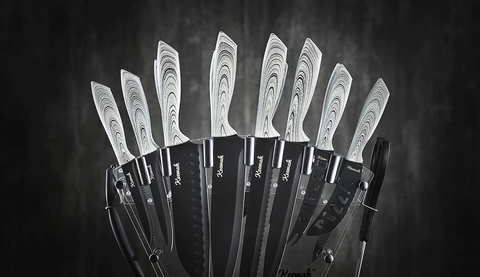 Image of Keewah 19 Pieces Kitchen Knife Set, 15 Stainless Steel Knives with Wood Texture Handle, Acrylic Stand, Scissors, Peeler and Knife Sharpener