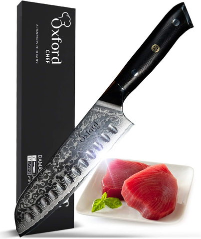 Image of Santoku Chef’S Knife 7 Inch: Best Professional Scalloped Hollow (Granton) Edge Japanese VG10 67 Layer Damascus Steel Ultra Sharp Blade W/G-10 Ergonomic Handle by Oxford Chef