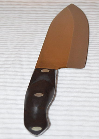 Image of CUTCO Model 1728 Petite Chef Knife with 7 3/4" High Carbon Stainless Blade and 5 1/2" Classic Dark Brown Handle (Often Called "Black") in Factory-Sealed Plastic Bag.