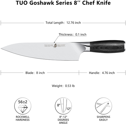 Image of TUO Kitchen Knife 8 Inch, Pro Chef Knife Cutting Knife Cooking Knife, High Carbon German Stainless Steel, Ergonomic Pakkawood Handle, Full Tang with Gift Box, Goshawk Series