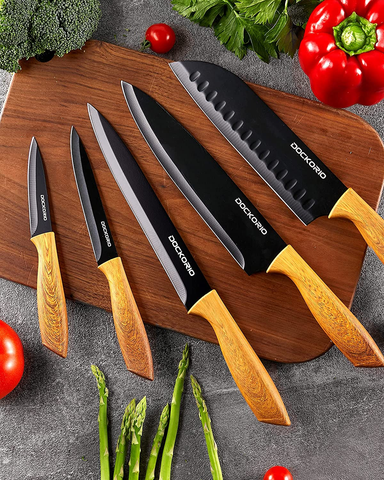 Image of Dockorio Kitchen Knife Set with Block, 19 PCS High Carbon Stainless Steel Sharp Kitchen Knife Set Includes Serrated Steak Knives Set, Chef Knives, Bread Knife, Scissor, Sharpener, All in One Knife Set