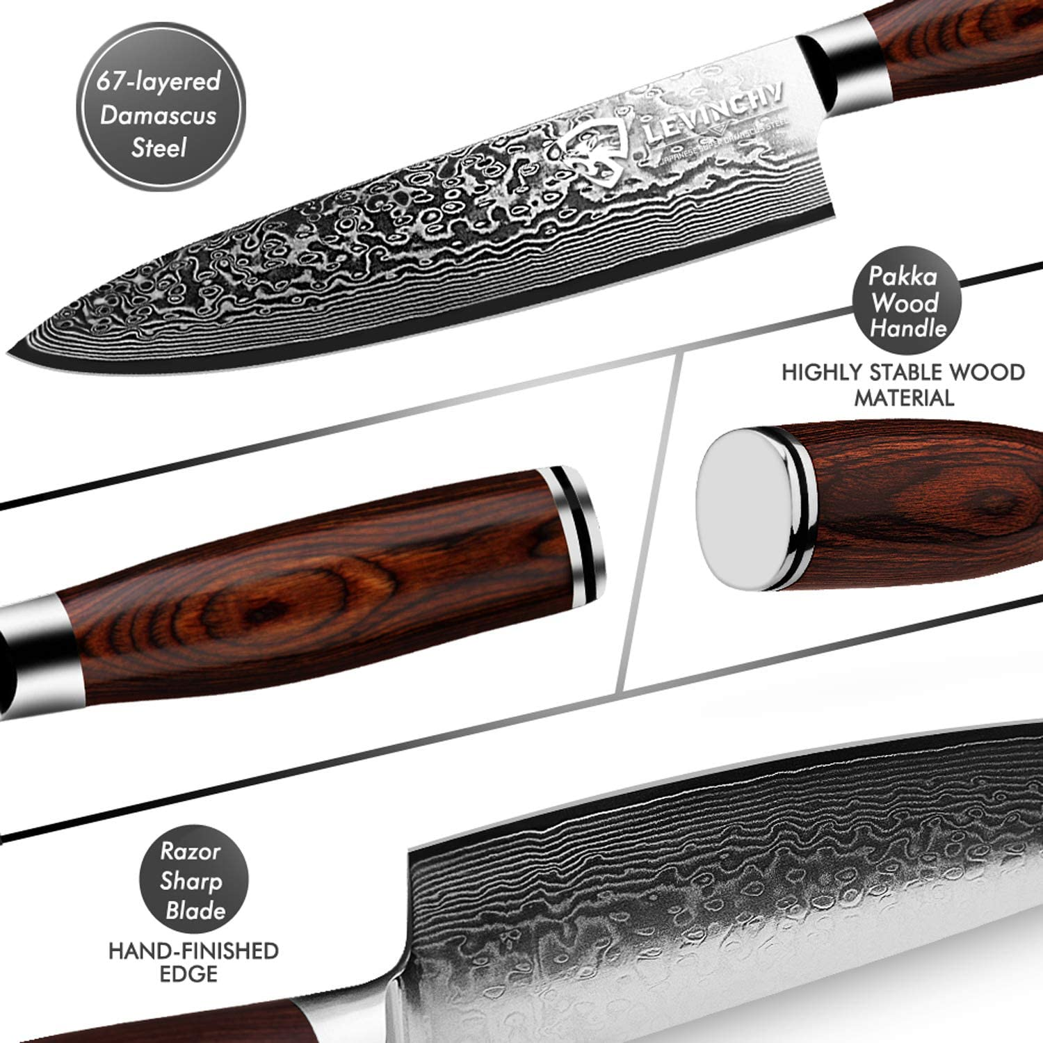 LEVINCHY Damascus Chef'S Knife 8 Inch Professional Handmade Damascus Stainless Steel Kitchen Knife, Superb Edge Retention, Stain & Corrosion Resistant, Ergonomic PAKKA Wood Handle