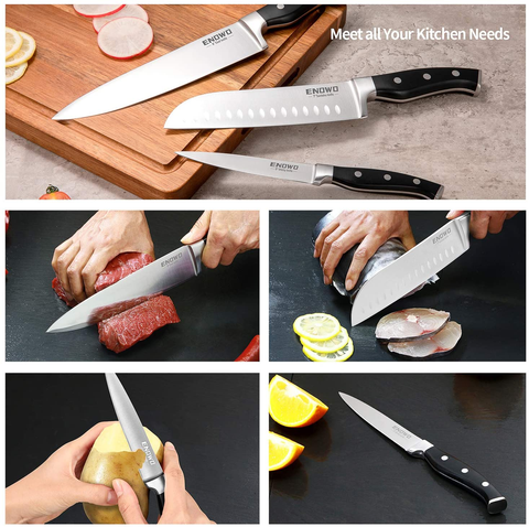 Image of Enowo Chef Knife Ultra Sharp Kitchen Knife Set 3 Pcs,Premium German Stainless Steel Knife with Finger Guard Clad Dimple,Ergonomic Handle and Gift Box