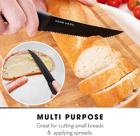 Image of Home Hero 8 Pcs Stainless Steel Steak Knife Set - Serrated Steak Knives Set - Dishwasher Safe - (Black, Stainless Steel)