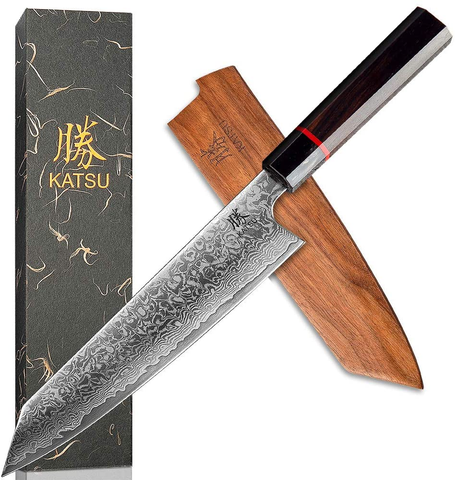 Image of KATSU Kiritsuke Chef Knife - Damascus - Japanese Kitchen Knife - 8-Inch - Handcrafted Octagonal Handle - Wood Sheath & Gift Box (Kritsuke Knife)