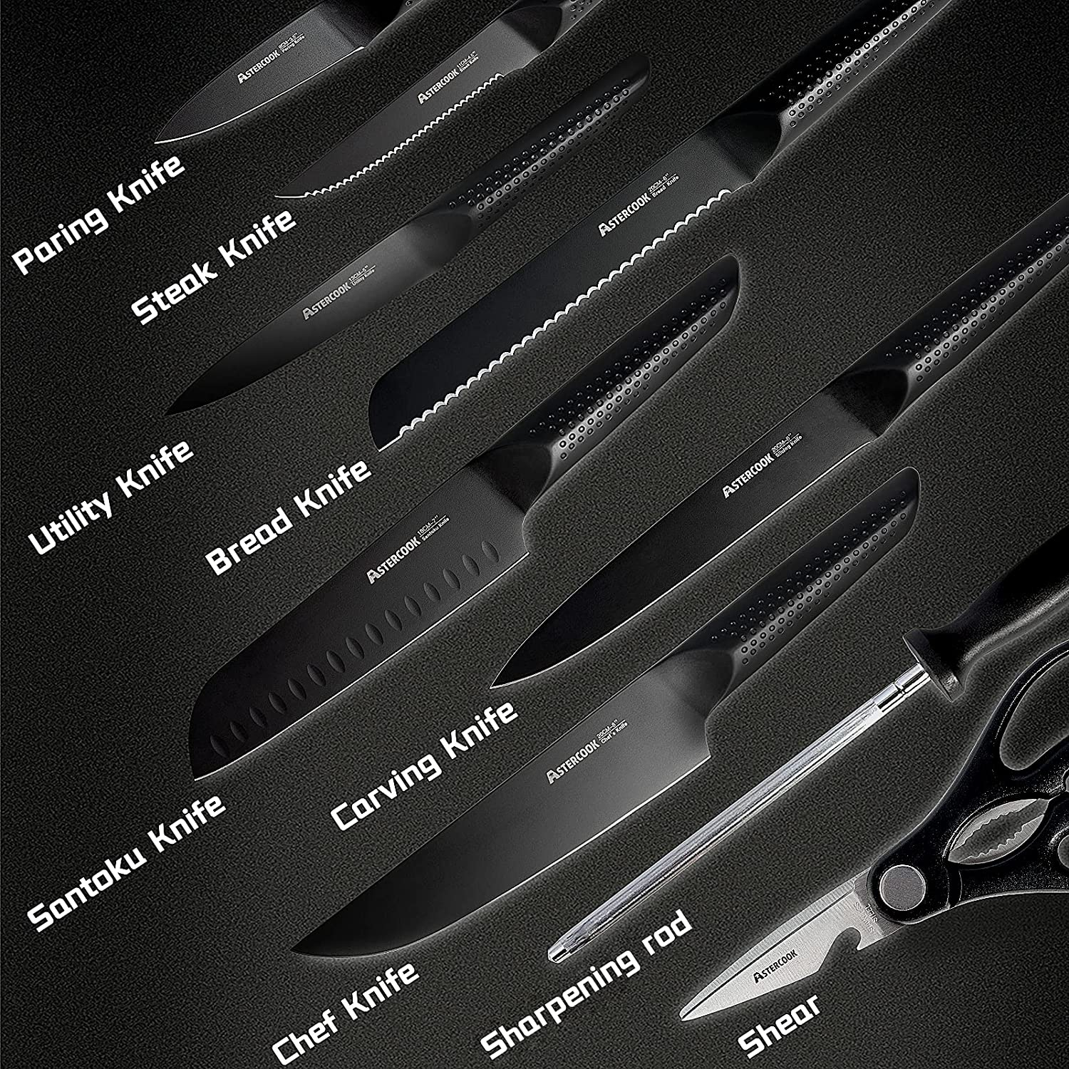 Knife Set, 15 Pieces Chef Knife Set with Block for Kitchen, German Stainless Steel Knife Block Set, Dishwasher Safe, Elegant Black